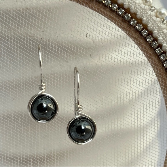 Hematite Silver Wire Wrapped Minimalist Earrings - Picture 1 of 11